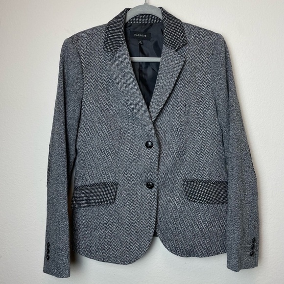 Talbots Wool Herringbone Mixed Print Blazer Elbow Patch Sz 10 - Picture 1 of 9